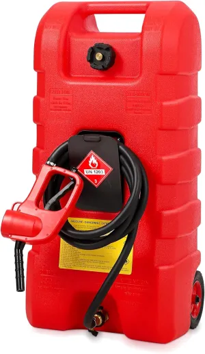 15 Gallon Gas Can, Fuel Tank Container with LE Fluid Transfer Manual Siphon Pump & 10FT Hose, Portable Diesel Gas Storage Caddy with Wheels, Red