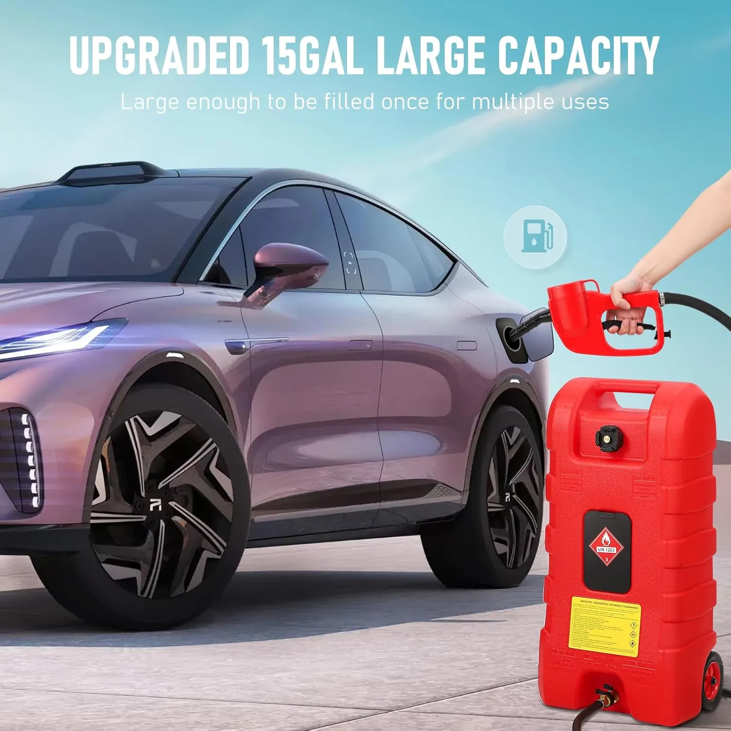 15 Gallon Gas Can, Fuel Tank Container with LE Fluid Transfer Manual Siphon Pump & 10FT Hose, Portable Diesel Gas Storage Caddy with Wheels, Red