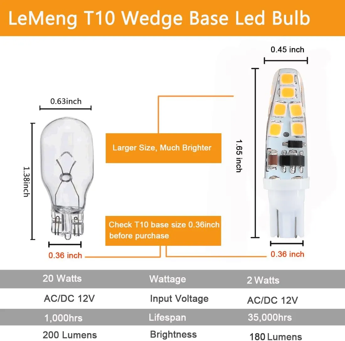 15watt T10 Wedge Base Led Light Bulb 2W 180lm,3000K Warm White,ac/dc12V for Outdoor Landscape RV Camper Marine Boat Dome Lighting-10 Pack