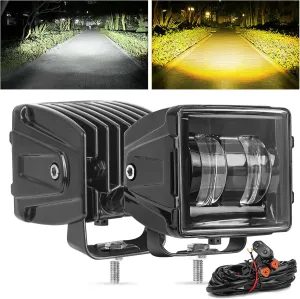 3Inch 100W Cube LED Pod Lights, White Offroad & Amber Square Fog Lamp With DT Plug Wiring Harness, Flood Ditch Light for Trucks Jeep SUV Ford F150 Tacoma Raptor