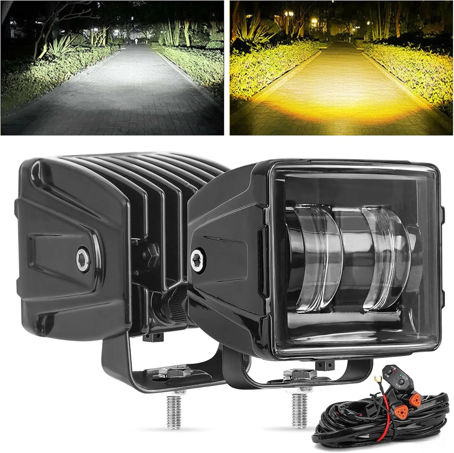 3Inch 100W Cube LED Pod Lights, White Offroad & Amber Square Fog Lamp With DT Plug Wiring Harness, Flood Ditch Light for Trucks Jeep SUV Ford F150 Tacoma Raptor