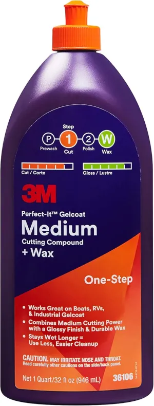 3M Perfect-It Gelcoat Medium Cutting Compound   Wax, 36106, 1 Quart, One-Step Process, P1500 and Finer Scratches, Fiberglass Oxidation Remover for Boats and RVs