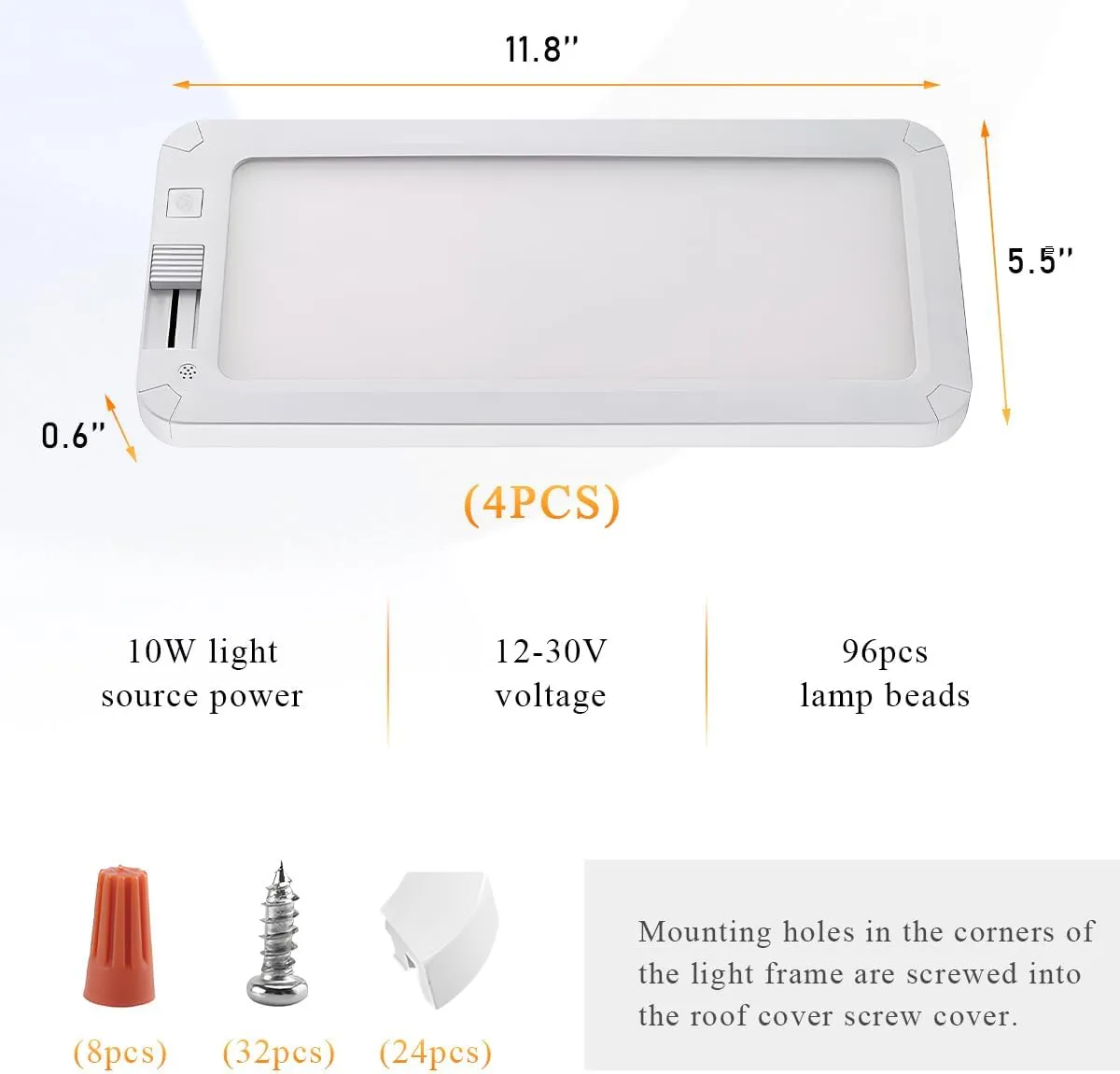 4 PCS RV Lights Interior, 3 Color Temperature RV Ceiling LED Light Fixture with On/Off Switch, Dimmable Interior Lighting Bright Light for Camper Truck Boat (White)