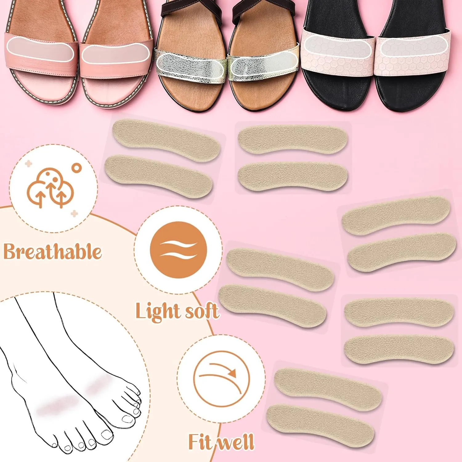 6 Pair Sandal Shoe Strap Extender Heel Sandal Strap Cushion Strips Heel Grips Liner Insert for Shoes Too Big Preventing Slipping, Rubbing, Non-Slip(Beige)