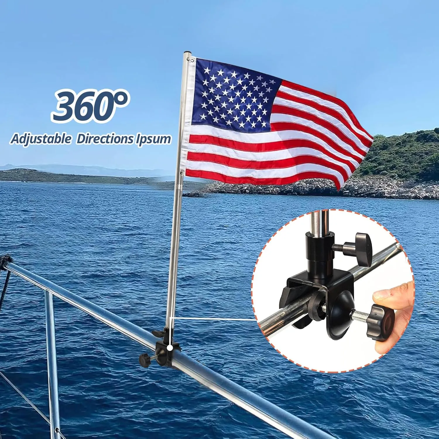 American Boat Flag Pole Kits Marine 16“x24”, Stainless Steel Boat Flag Pole with 1x Storage Bag, Adjustable Flagpole Holder with 50 Embroidered Stars American Flag Boat Accessories