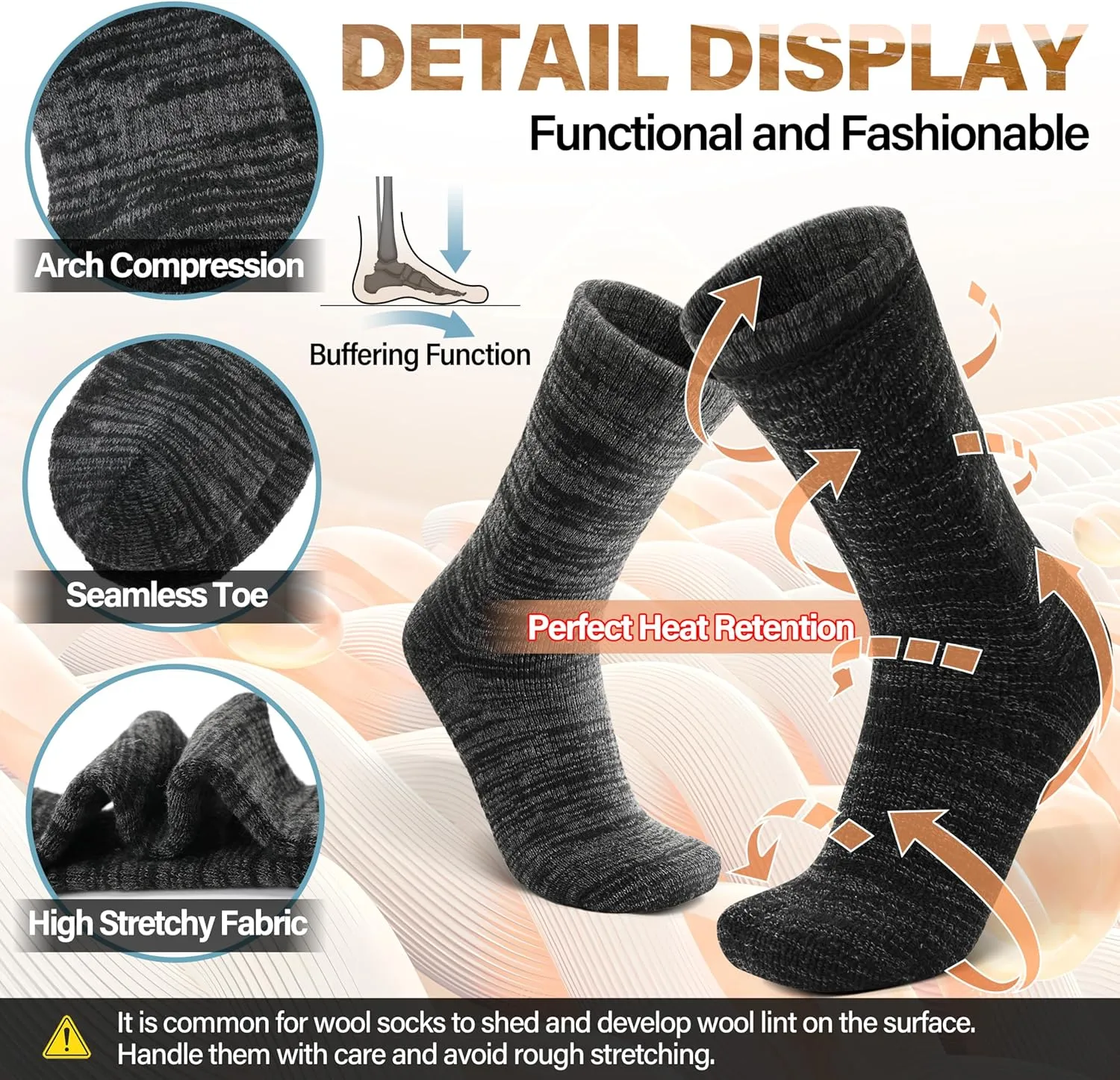 Anlisim Merino Wool Warm Boot Hiking Socks Thermal Extra Thick Winter Cozy Crew Comfy Cushioning Work Women Men Socks 4 Pairs
