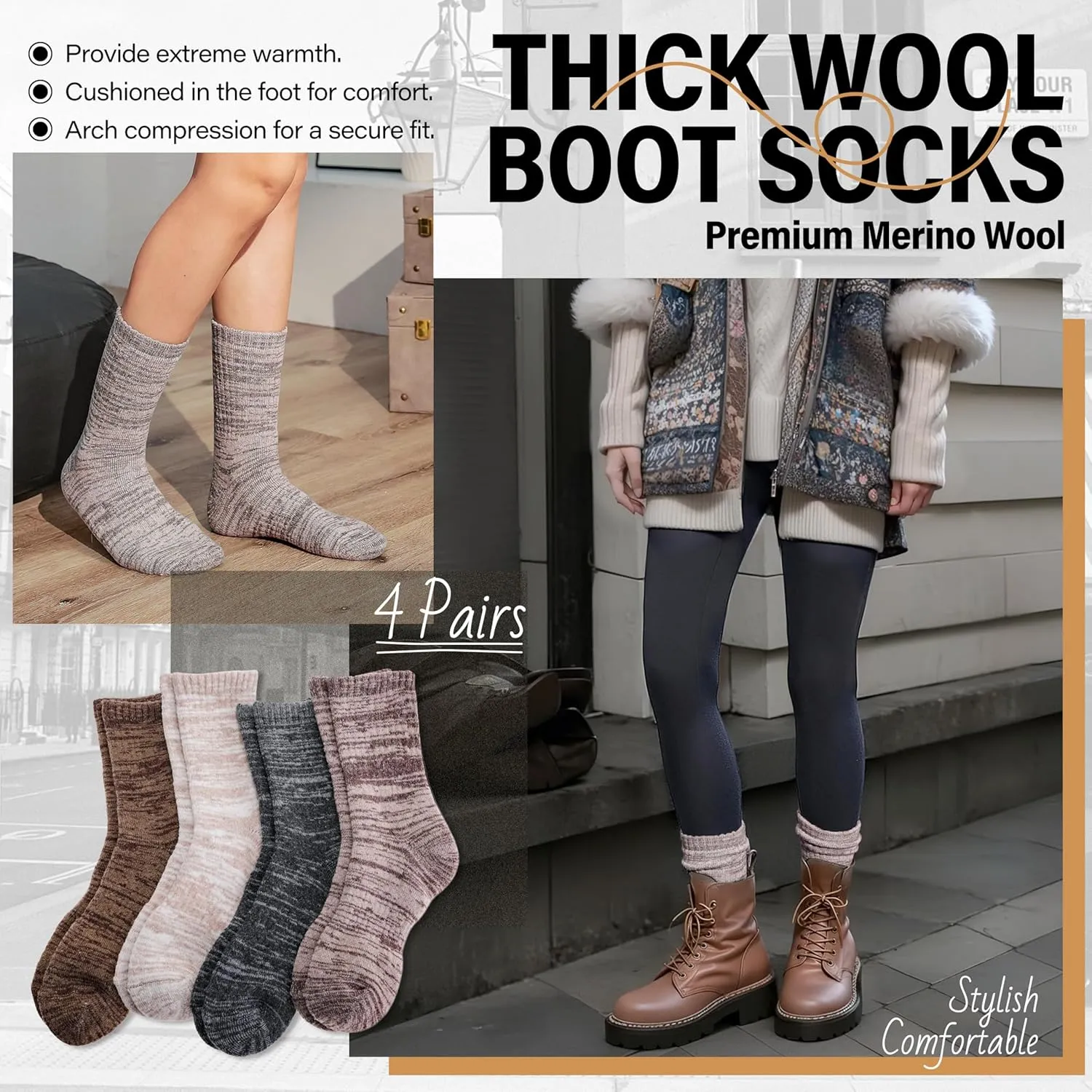 Anlisim Merino Wool Warm Boot Hiking Socks Thermal Extra Thick Winter Cozy Crew Comfy Cushioning Work Women Men Socks 4 Pairs