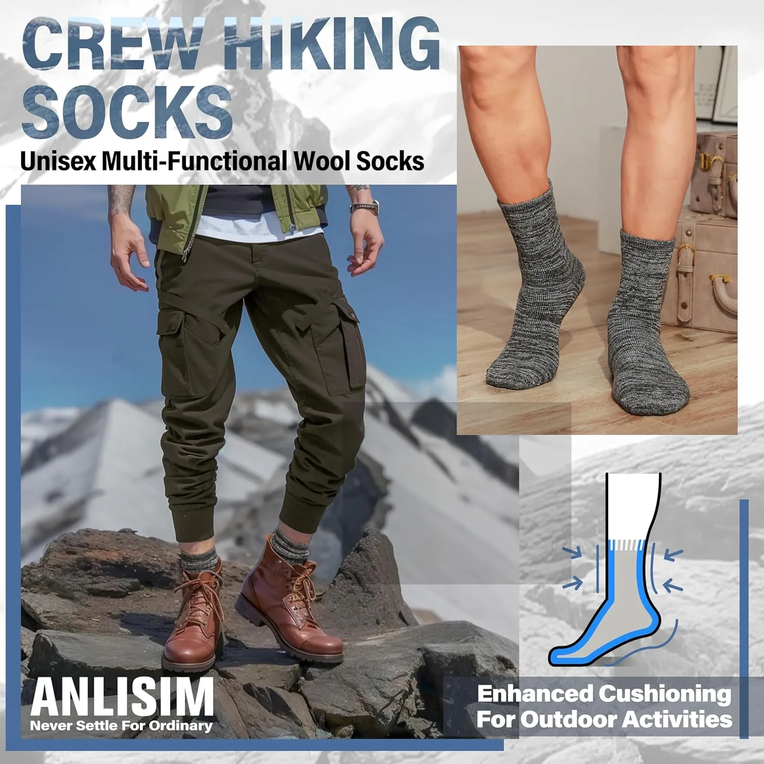 Anlisim Merino Wool Warm Boot Hiking Socks Thermal Extra Thick Winter Cozy Crew Comfy Cushioning Work Women Men Socks 4 Pairs