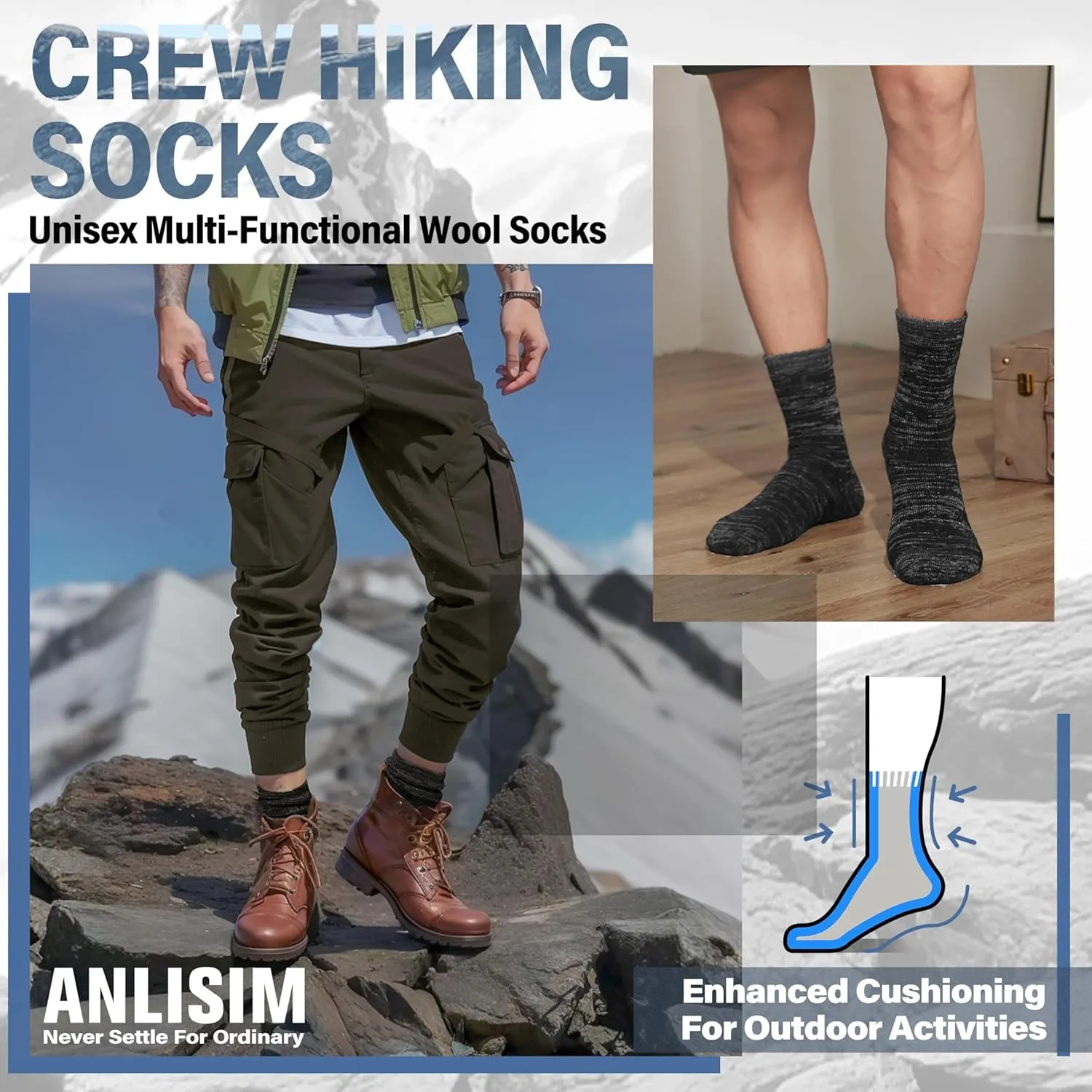 Anlisim Merino Wool Warm Boot Hiking Socks Thermal Extra Thick Winter Cozy Crew Comfy Cushioning Work Women Men Socks 4 Pairs