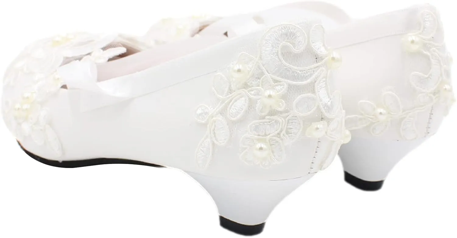 ANUFER Womens Elegant Lace Embroidery Flat/Heeled White Wedding Shoes Pumps with Pearls