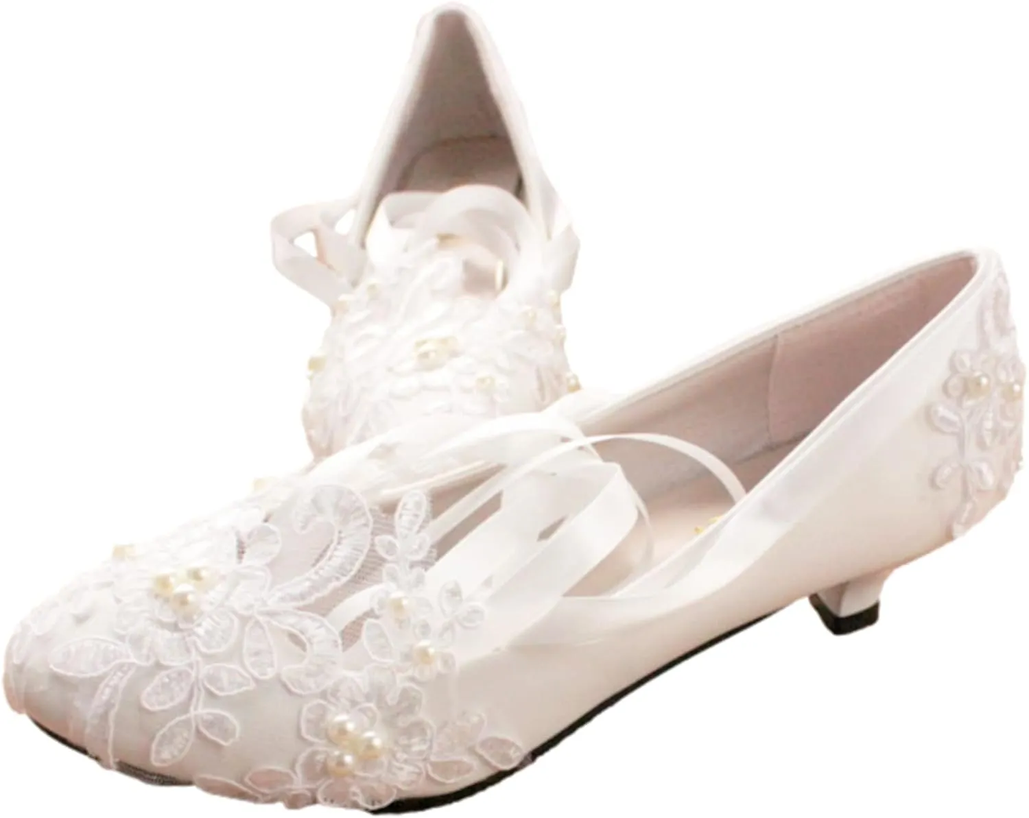 ANUFER Womens Elegant Lace Embroidery Flat/Heeled White Wedding Shoes Pumps with Pearls