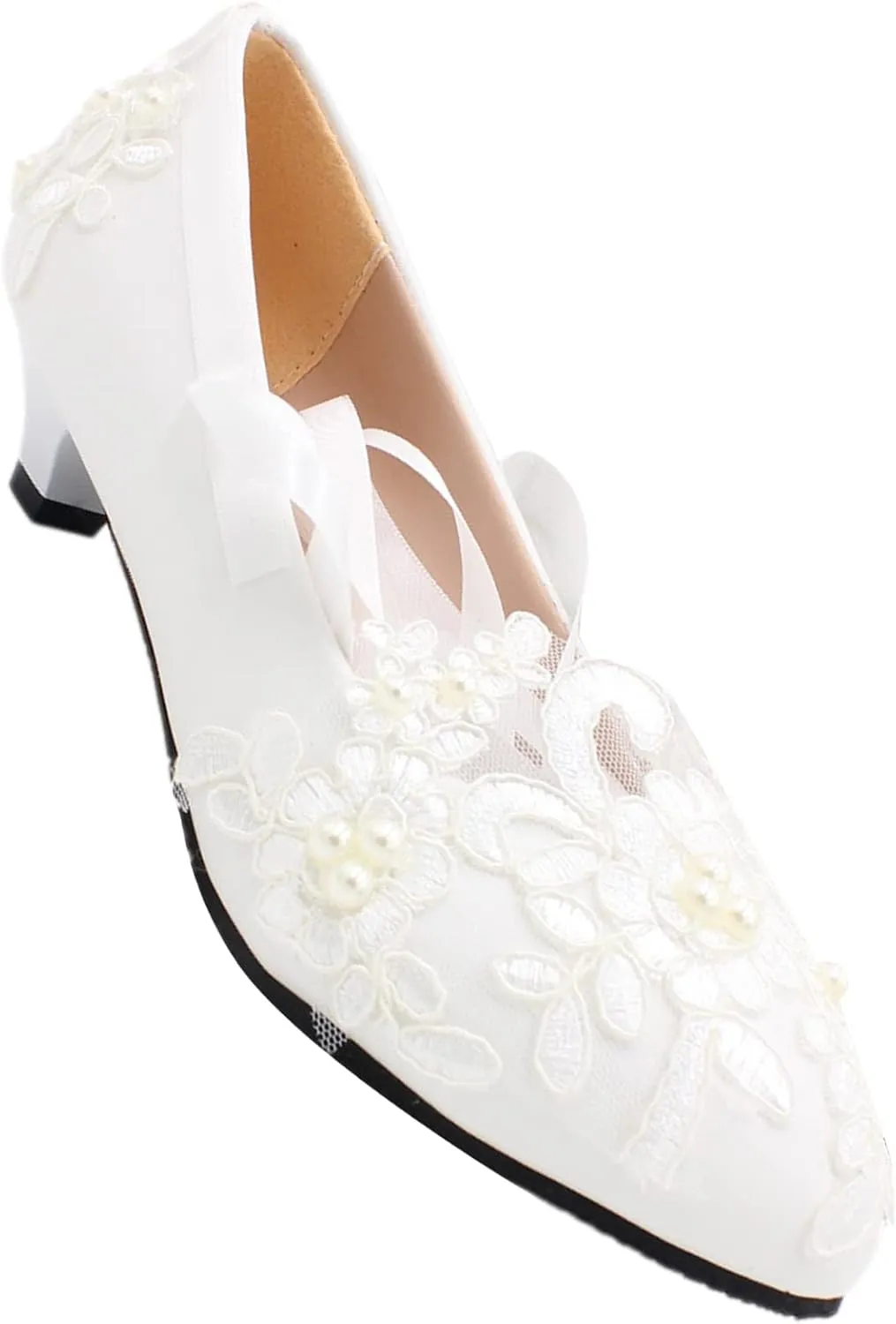 ANUFER Womens Elegant Lace Embroidery Flat/Heeled White Wedding Shoes Pumps with Pearls
