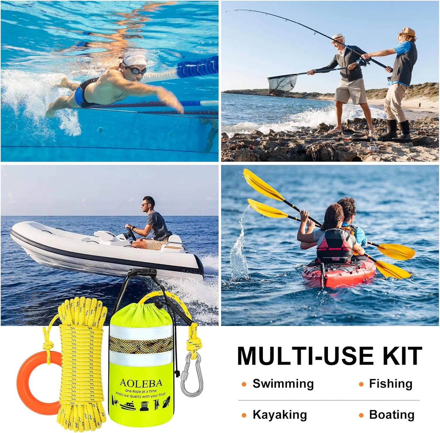 AOLEBA Water Rescue Throw Bag, Throwable Device with 8MM Reflective Throw Line,Tensile Strength Up to 1900Lbs Boating Equipment, Emergency Water Bag Safety Equipment for Kayaking Rafting