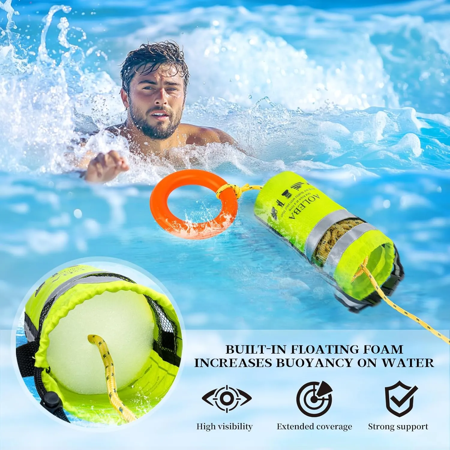 AOLEBA Water Rescue Throw Bag, Throwable Device with 8MM Reflective Throw Line,Tensile Strength Up to 1900Lbs Boating Equipment, Emergency Water Bag Safety Equipment for Kayaking Rafting