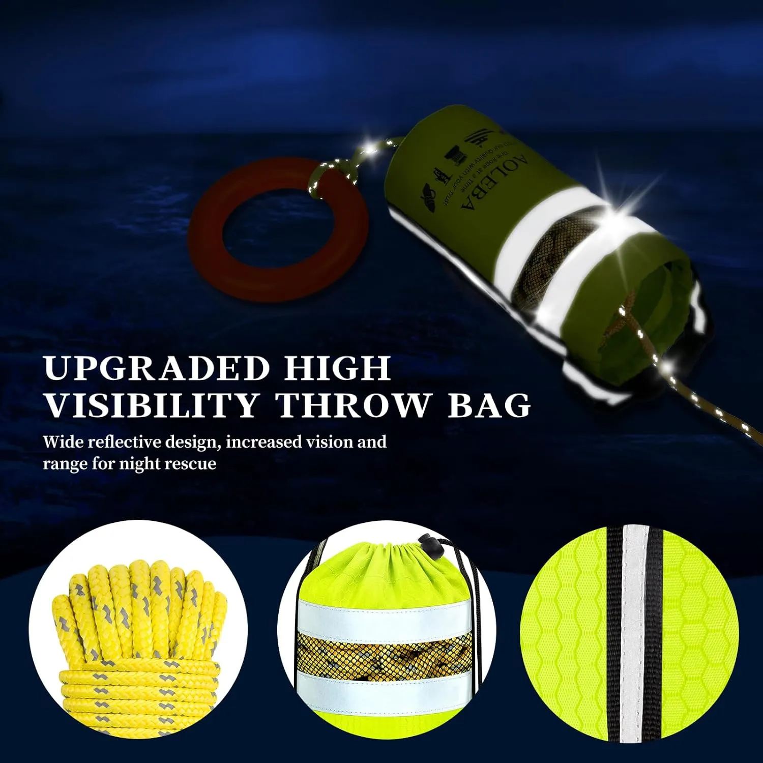 AOLEBA Water Rescue Throw Bag, Throwable Device with 8MM Reflective Throw Line,Tensile Strength Up to 1900Lbs Boating Equipment, Emergency Water Bag Safety Equipment for Kayaking Rafting