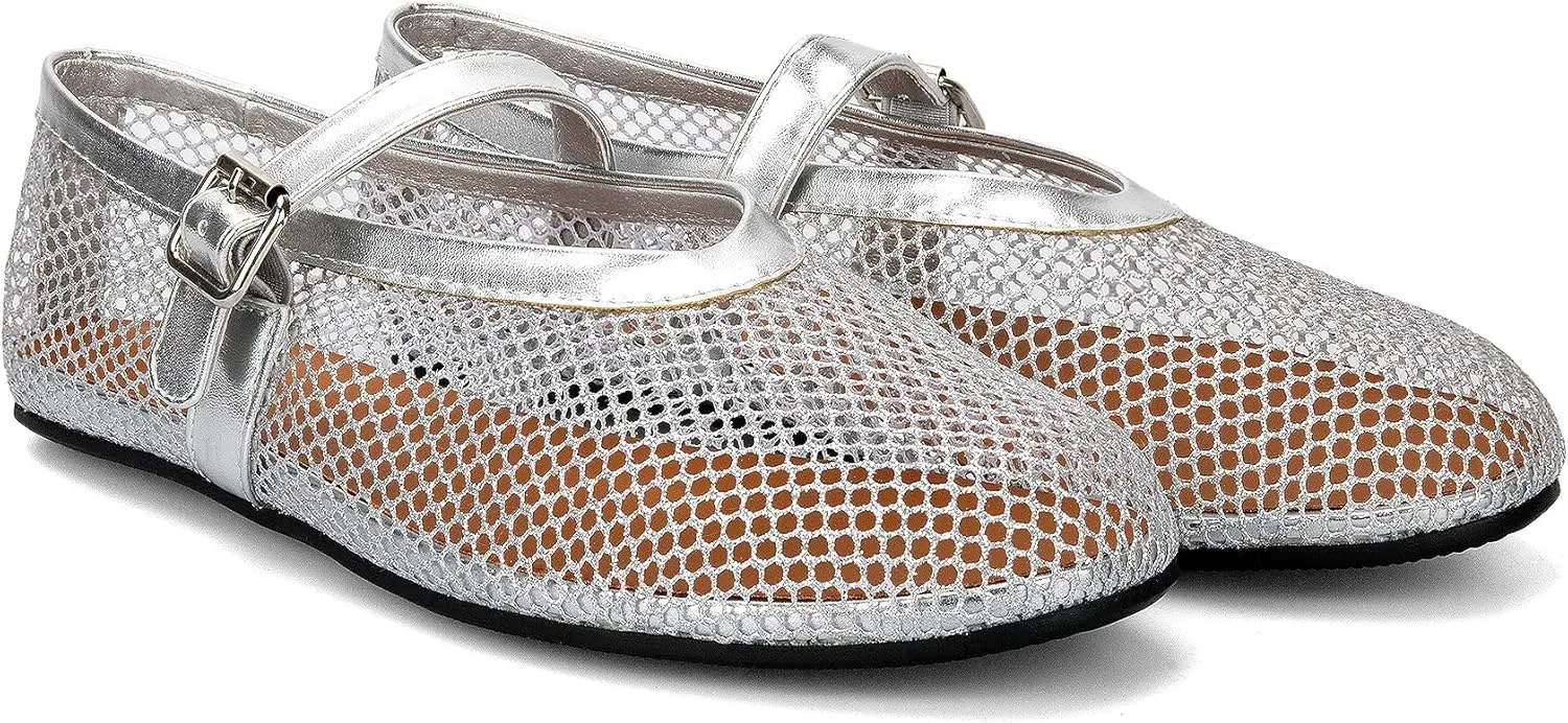 Arqa Women's Rhinestone Ballet Flats Sparkly Crystals Ballerina Shoes Buckled Straps Mesh Mary Jane Flat Casual Low Heels