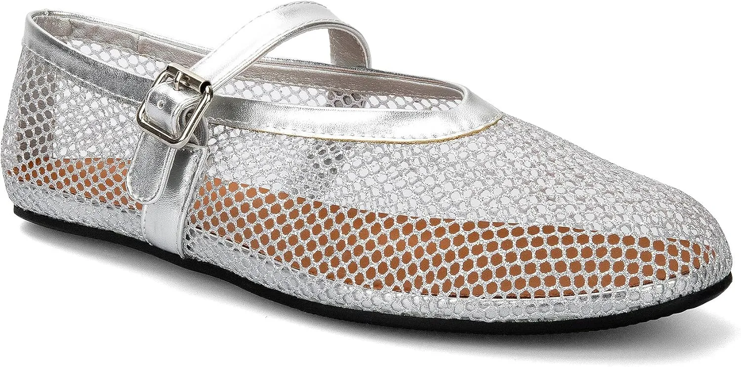 Arqa Women's Rhinestone Ballet Flats Sparkly Crystals Ballerina Shoes Buckled Straps Mesh Mary Jane Flat Casual Low Heels