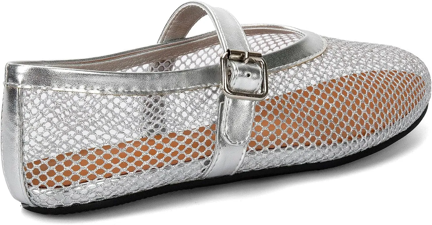Arqa Women's Rhinestone Ballet Flats Sparkly Crystals Ballerina Shoes Buckled Straps Mesh Mary Jane Flat Casual Low Heels