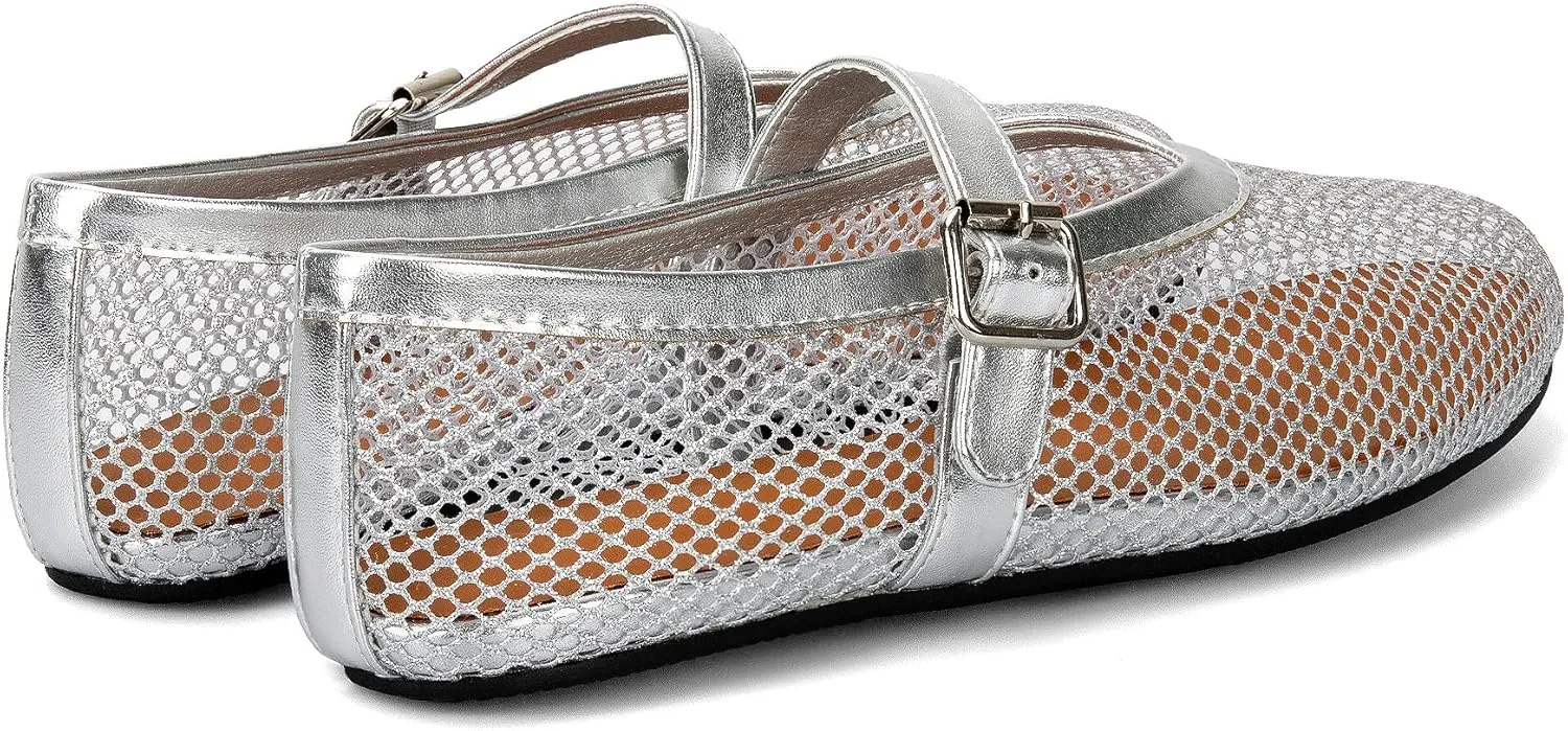 Arqa Women's Rhinestone Ballet Flats Sparkly Crystals Ballerina Shoes Buckled Straps Mesh Mary Jane Flat Casual Low Heels