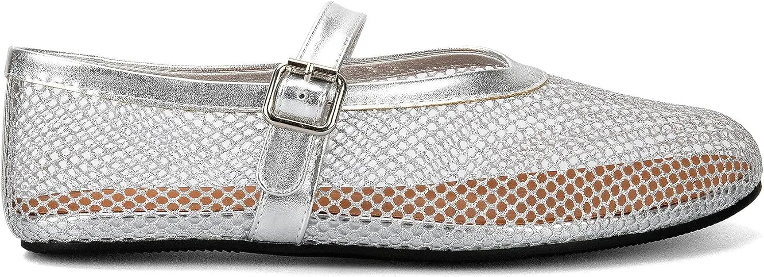 Arqa Women's Rhinestone Ballet Flats Sparkly Crystals Ballerina Shoes Buckled Straps Mesh Mary Jane Flat Casual Low Heels