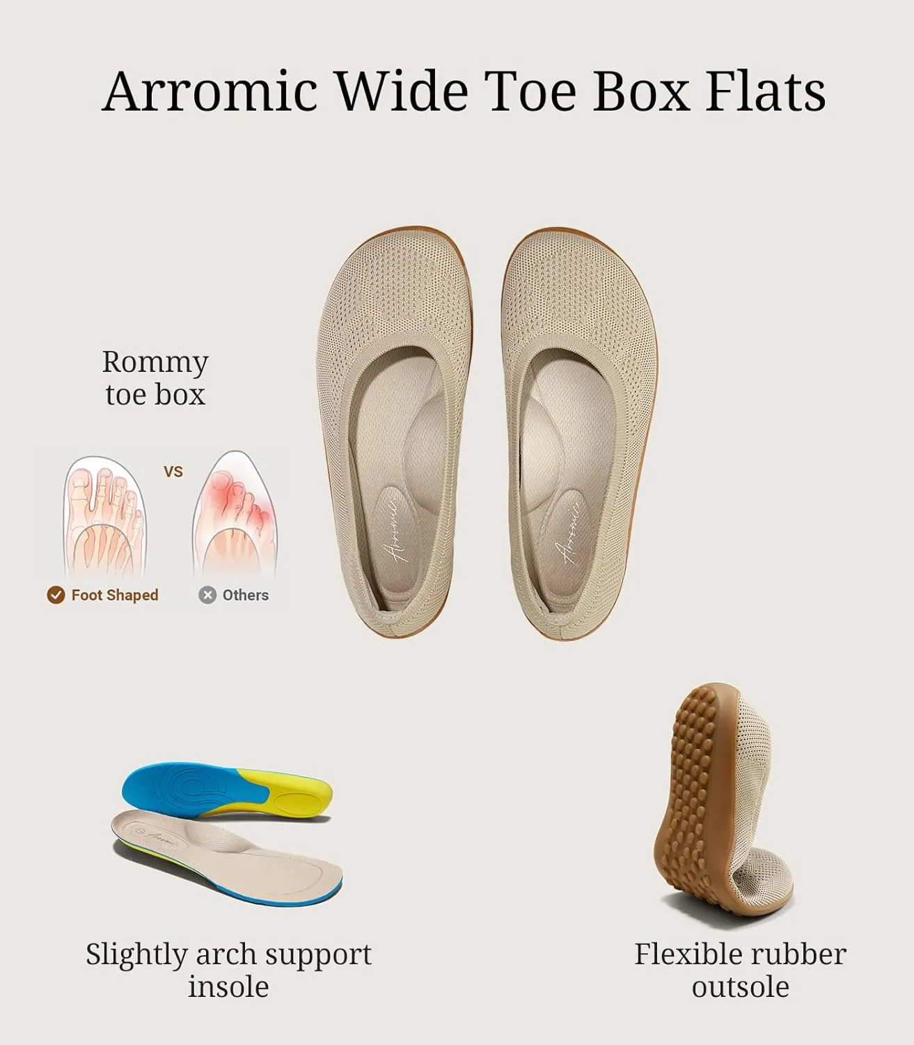 Arromic Women Flats Comfortale V-Cut Flat Shoes for Women Ballet Flats Wide Toe Box
