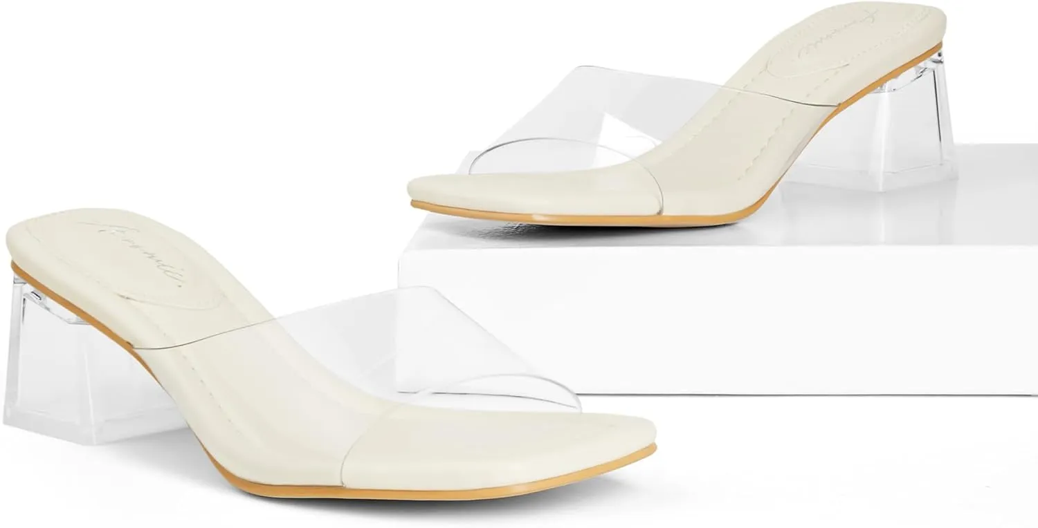 Arromic Women's Block Mule Heeled Sandals Clear Black Nude White Chunky Heels 2 Inches Square Open Toe Slip on Backless Mules Heeled Slippers Dressy Party Prom Wedding Shoes