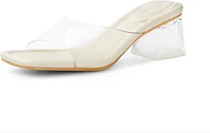 Arromic Women's Block Mule Heeled Sandals Clear Black Nude White Chunky Heels 2 Inches Square Open Toe Slip on Backless Mules Heeled Slippers Dressy Party Prom Wedding Shoes