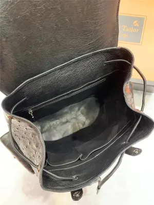 Authentic Real True Ostrich Skin Men Large Casual Black Drawstring Backpack Genuine Exotic Leather Male Leisure Travel Bag Pack, LKC-0152