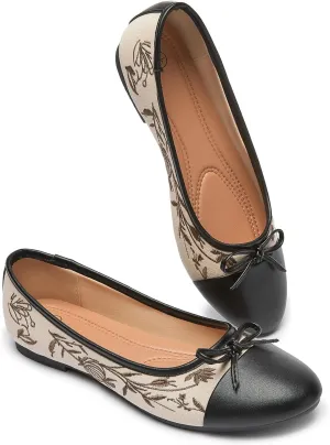 BABUDOG Womens Flats Shoes with Pomegranate Embroidery,White Flats with Bow,Comfortable Round-Toe Flats Shoes,Black Dress Shoes for Women(Soft Memory Foam Insole)
