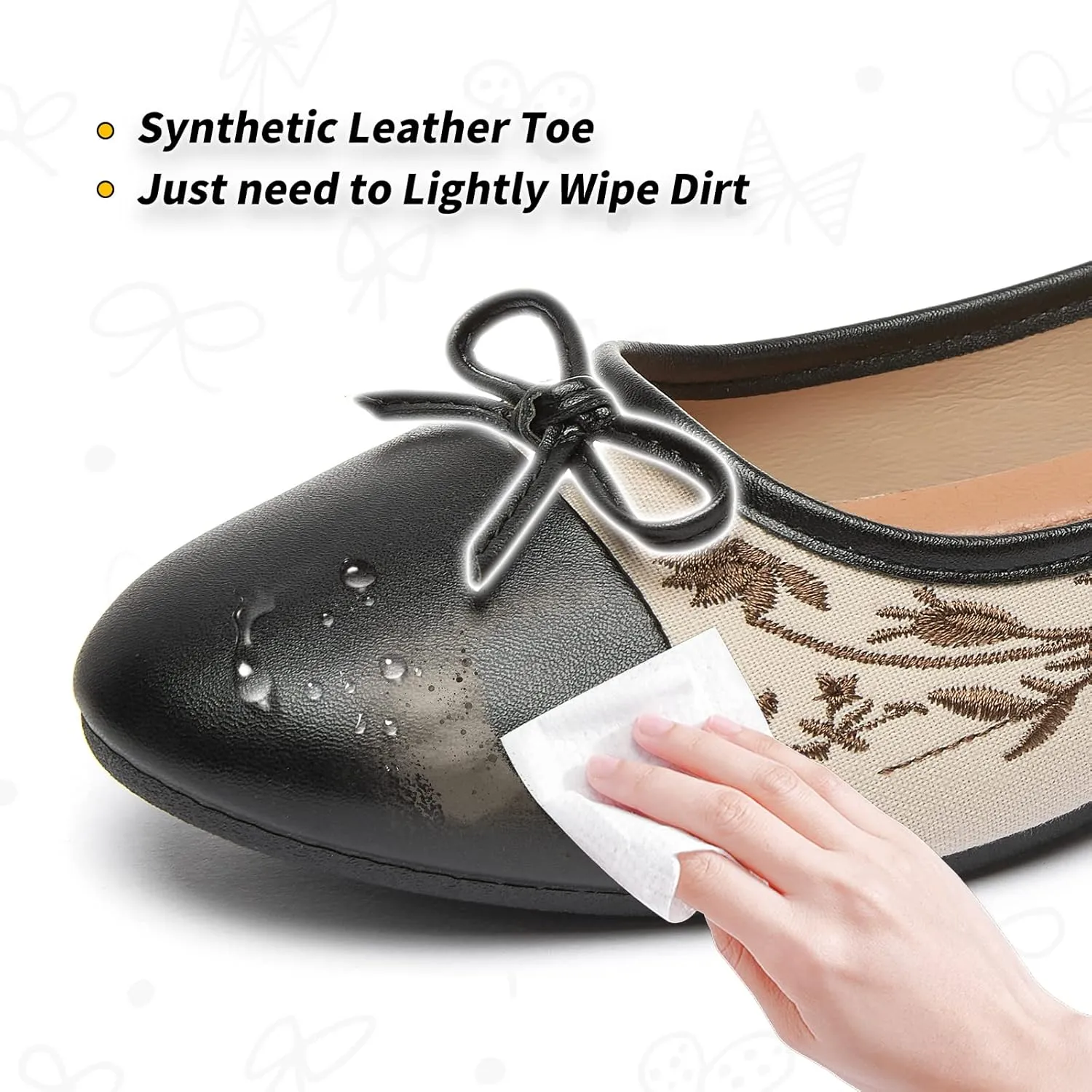 BABUDOG Womens Flats Shoes with Pomegranate Embroidery,White Flats with Bow,Comfortable Round-Toe Flats Shoes,Black Dress Shoes for Women(Soft Memory Foam Insole)