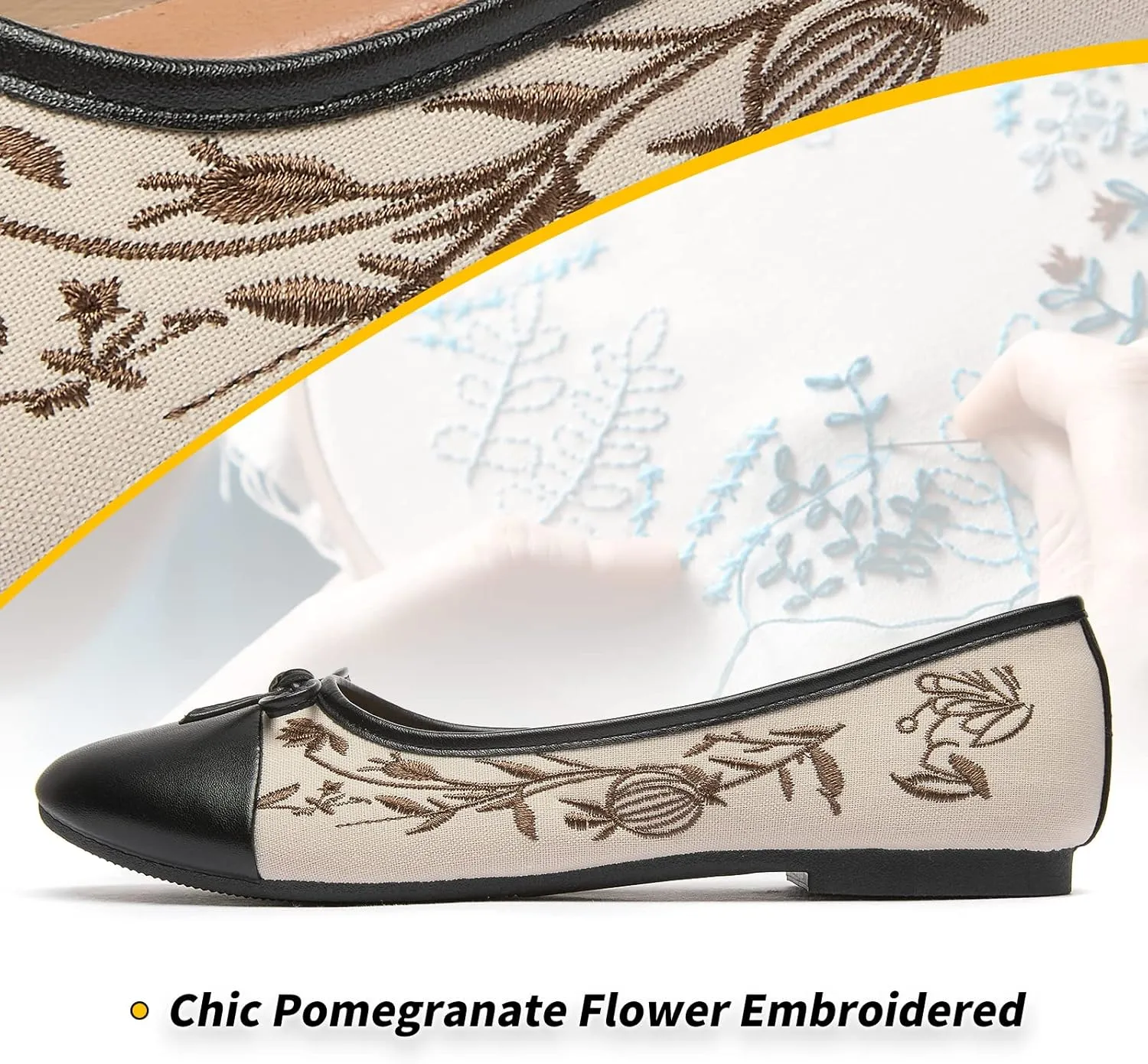 BABUDOG Womens Flats Shoes with Pomegranate Embroidery,White Flats with Bow,Comfortable Round-Toe Flats Shoes,Black Dress Shoes for Women(Soft Memory Foam Insole)