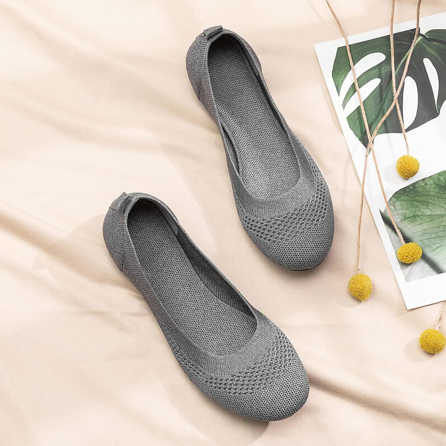 BEJINASH Ballet Flats for Women Soft Slip On Flat Shoes Knit Round Toe Work Flat Mesh Woman Walking Shoes Comfortable Casual