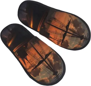 Boat at dusk Furry Slippers for Men Women Fuzzy Memory Foam Slippers Warm Comfy Slip-on Bedroom Shoes Winter House Shoes for Indoor Outdoor