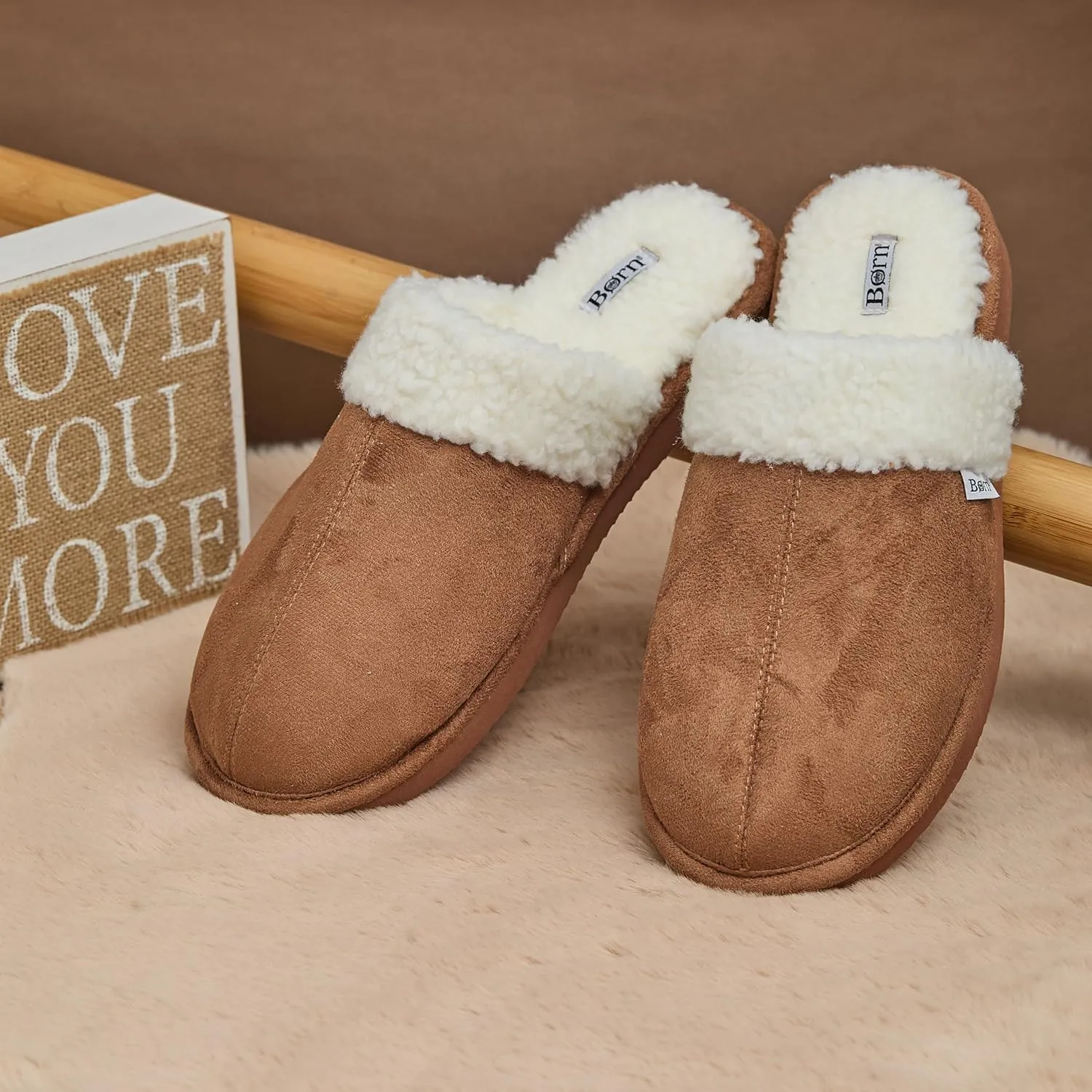 BORN Mens Scuff Slippers, Faux Suede House Slippers for Men with Fair Isle Knit or Sherpa Lining, Gifts For Him