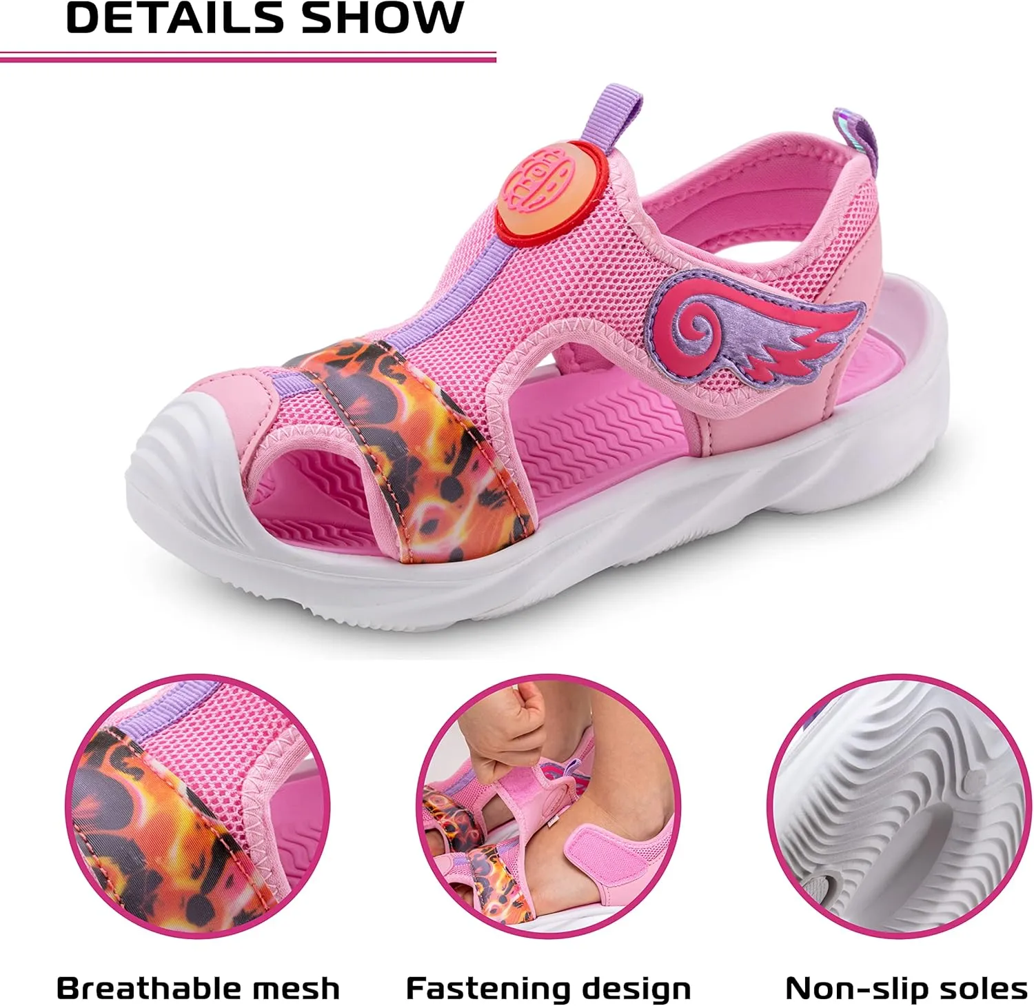 Closed Toe Cute Sandal for Girls in Pretty Colors; Breathable Mesh Upper, Easy and Durable Hook & Loop Strap, Thick and Comfortable Non-Slip Sole; Girls Sandals for Pool, Beach, Bikes, School, Play