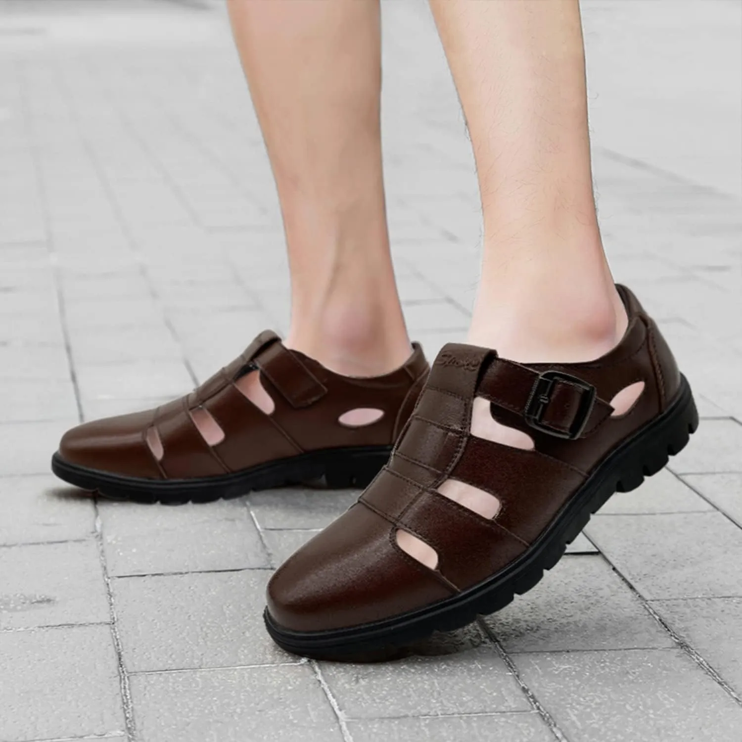 CMM Men's Closed-Toe Leather Strap Business Sandal Cool Beach Sandals Plus Size
