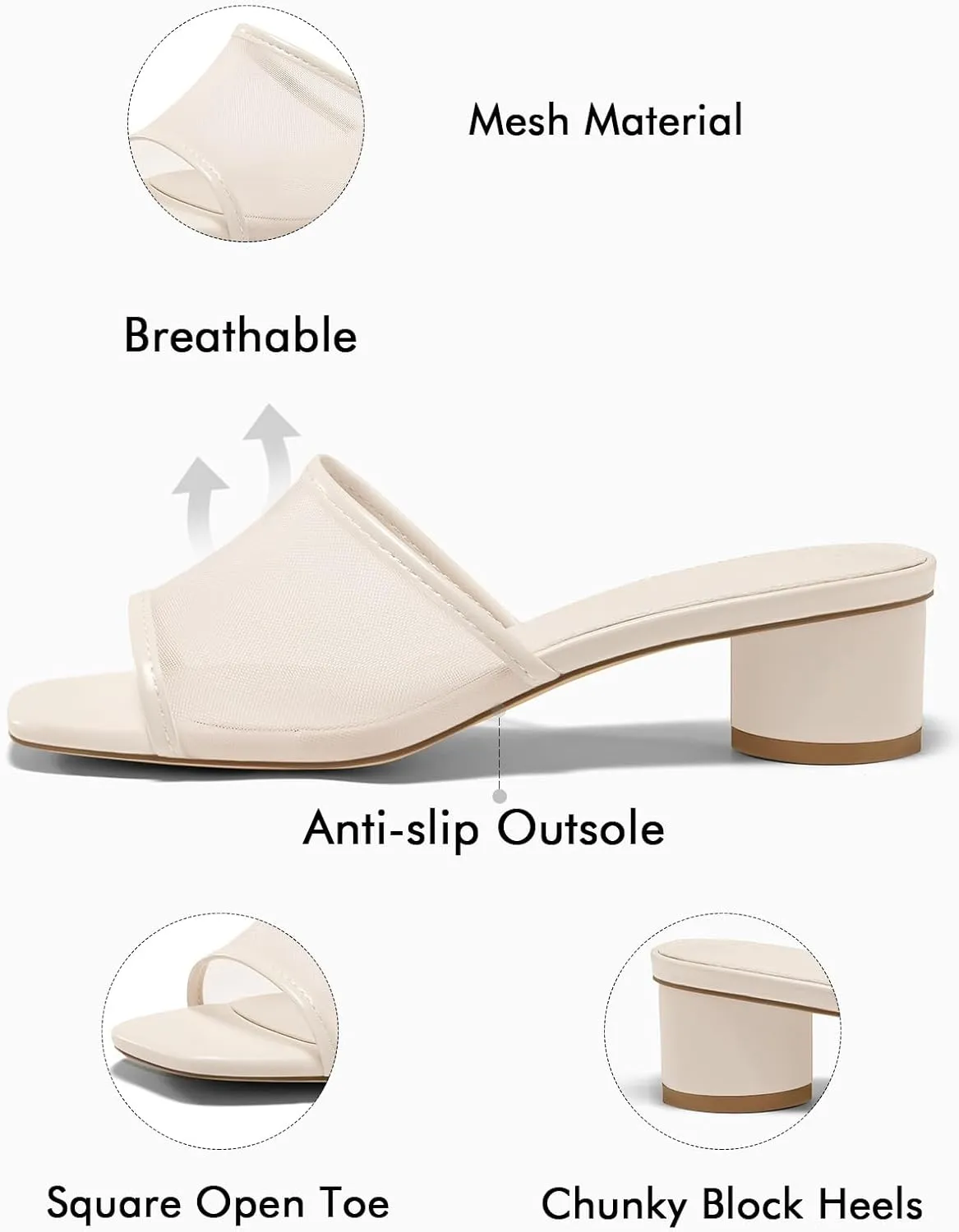 Coutgo Womens Slide Sandals Mesh Chunky Heels Mules Square Open Toe Slip On Summer Dress Shoes