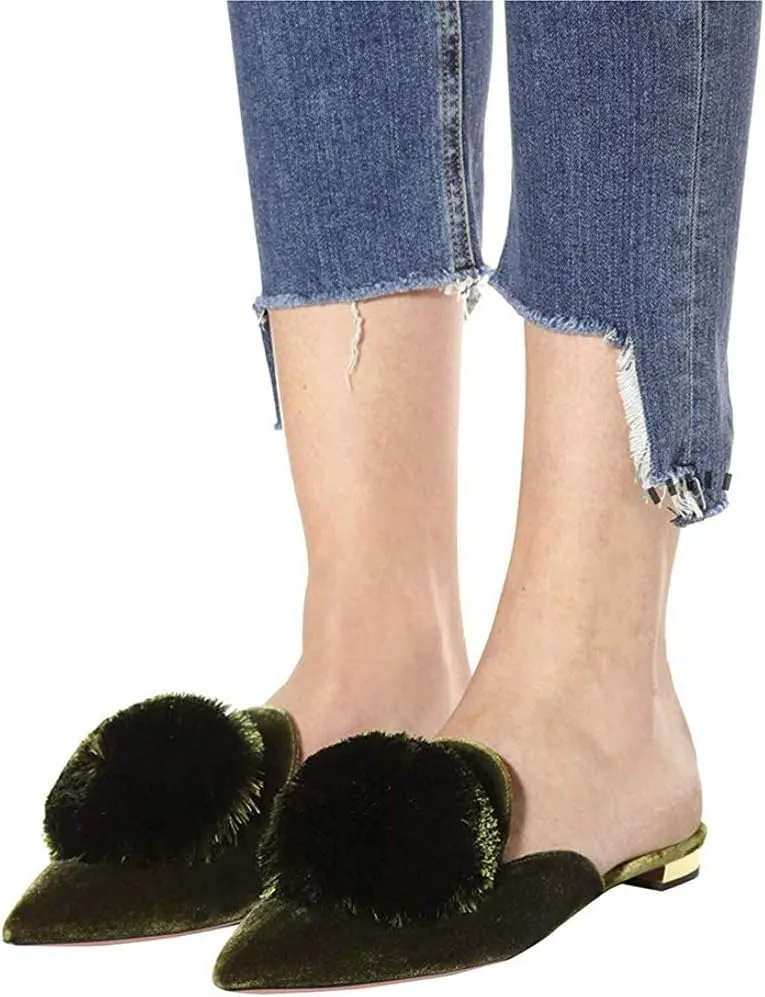 Divanne Mules for Women, Puff Pompom-Embellished Slip On Loafers Backless Pointed Toe Satin Mule Slides