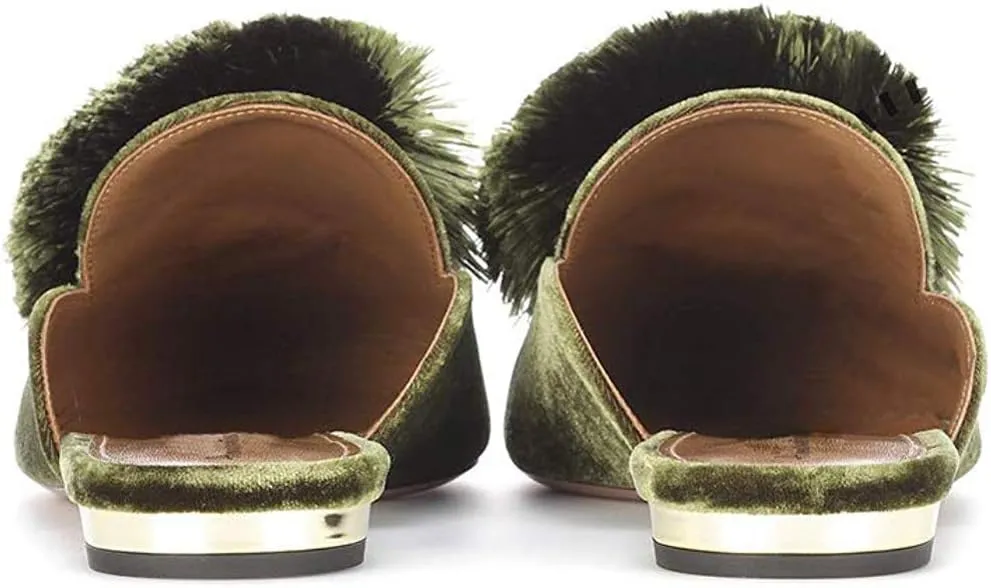 Divanne Mules for Women, Puff Pompom-Embellished Slip On Loafers Backless Pointed Toe Satin Mule Slides