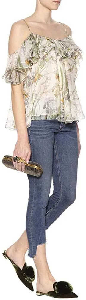 Divanne Mules for Women, Puff Pompom-Embellished Slip On Loafers Backless Pointed Toe Satin Mule Slides