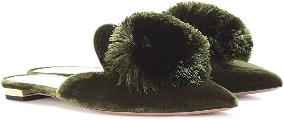 Divanne Mules for Women, Puff Pompom-Embellished Slip On Loafers Backless Pointed Toe Satin Mule Slides