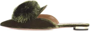 Divanne Mules for Women, Puff Pompom-Embellished Slip On Loafers Backless Pointed Toe Satin Mule Slides