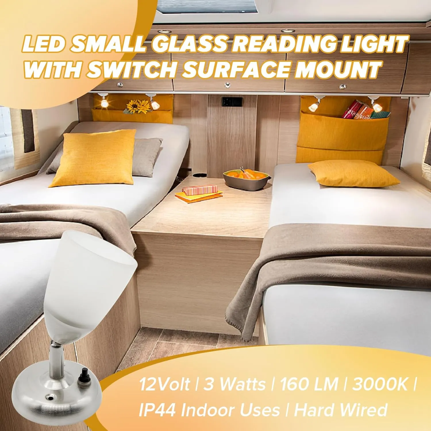 Dream lighting 12 Volt Reading Light for RV Boat Interior LED Bedside Wall Sconce Lamp Glass Spot Light with Switch, 3W 3000K White Lighting, Nickel Finish, Wall Mount (1 Light)