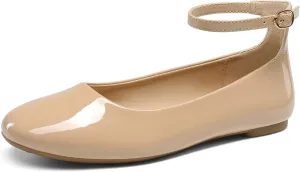 DREAM PAIRS Women's Dressy Ballet Flats Shoes Round Toe Comfortable Ankle Strap Patent Ballerina Flats Shoes