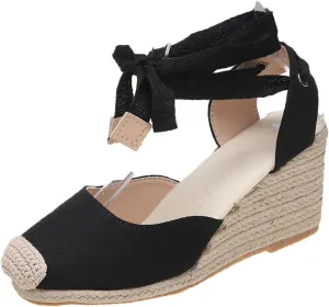 Espadrilles Wedge Sandals for Women Platform Closed Toe Ankle Strap Lace Up Summer Sandals Arch Support Walking Sandal Comfortable Orthopedic Slippers Dressy Beach Slippers