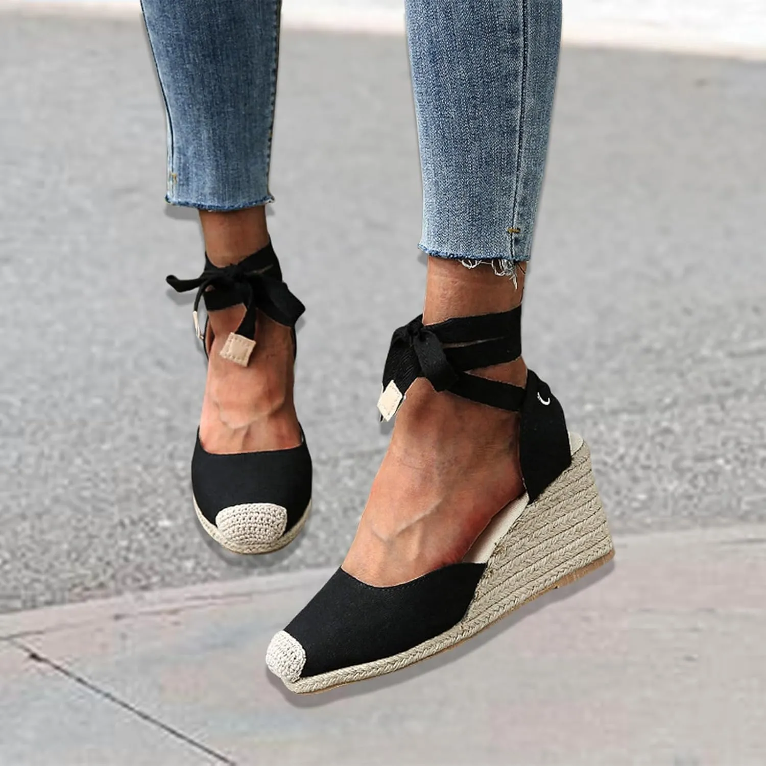 Espadrilles Wedge Sandals for Women Platform Closed Toe Ankle Strap Lace Up Summer Sandals Arch Support Walking Sandal Comfortable Orthopedic Slippers Dressy Beach Slippers