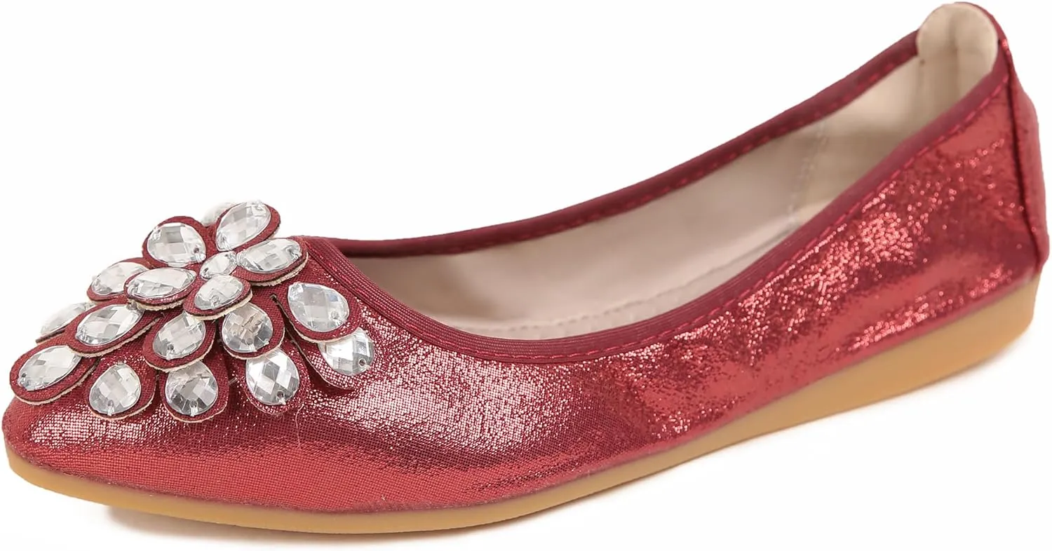 Flats Shoes for Women Rhinestone Wedding Ballerina Shoes Foldable Sparkly Comfort Slip on Flat Dressy Flats