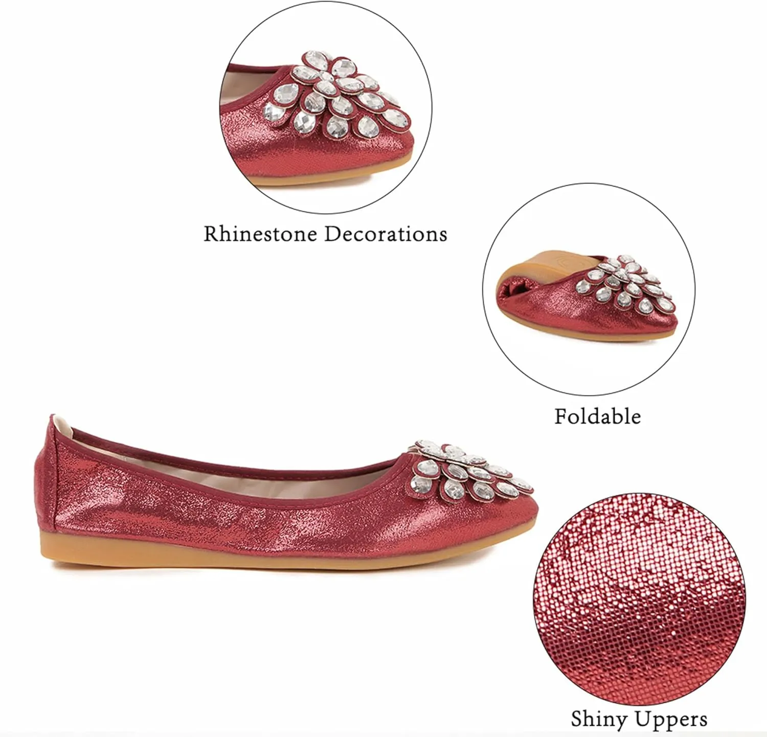 Flats Shoes for Women Rhinestone Wedding Ballerina Shoes Foldable Sparkly Comfort Slip on Flat Dressy Flats