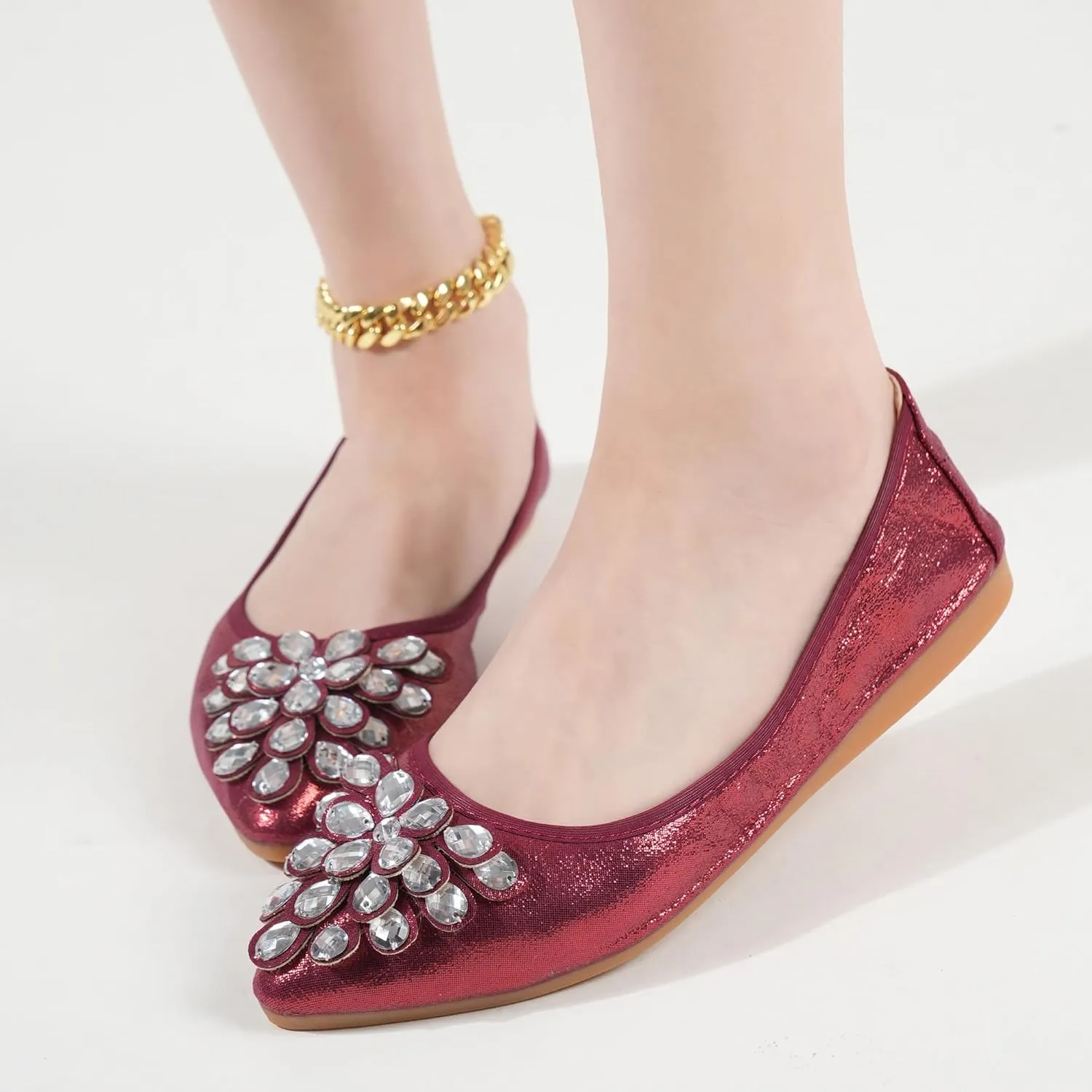 Flats Shoes for Women Rhinestone Wedding Ballerina Shoes Foldable Sparkly Comfort Slip on Flat Dressy Flats
