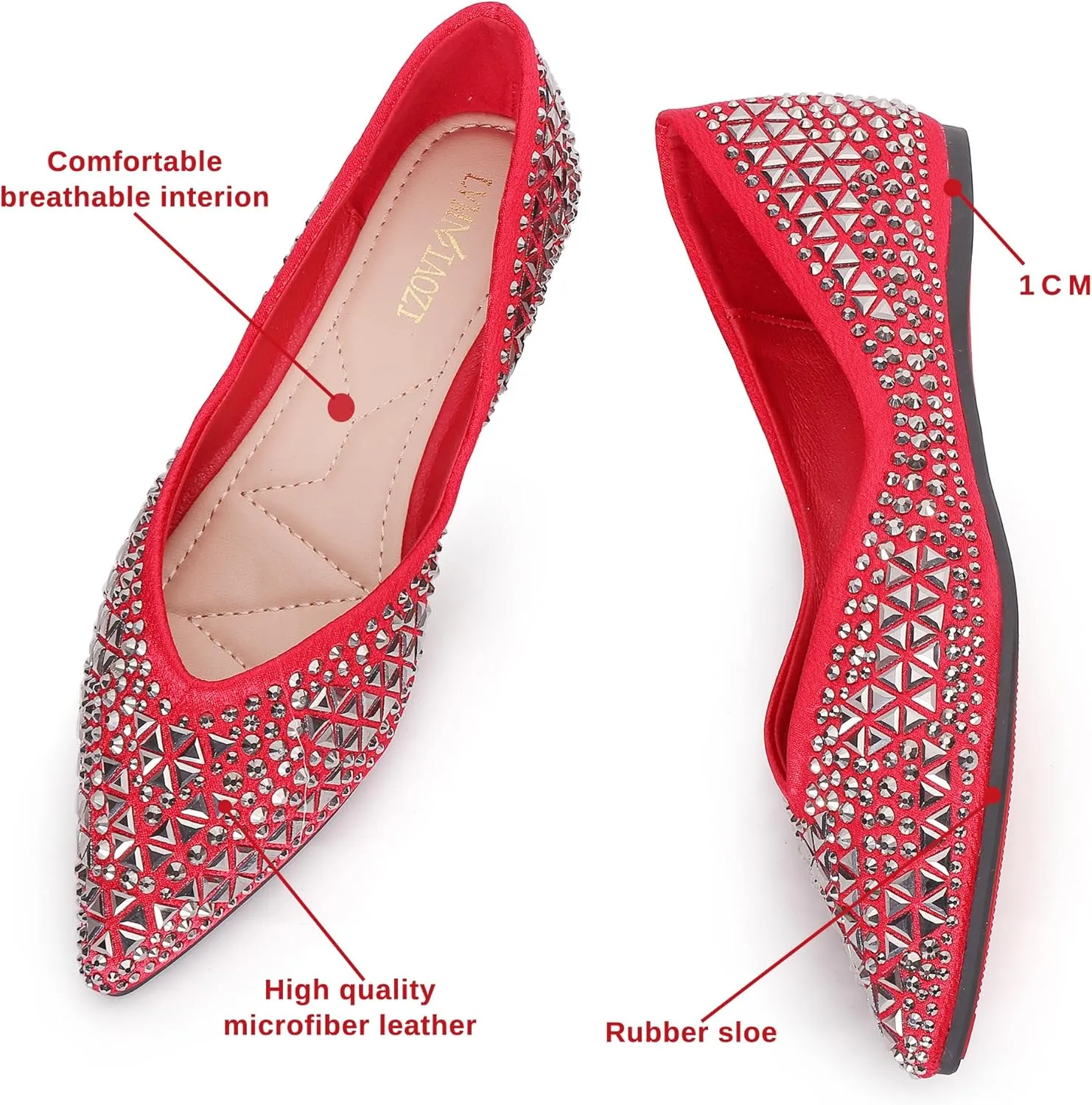 Flats Shoes Women Rhinestone Pointed Head Ballet Flats Comfortable Soft Memory Foam Insole Flat Shoes for Women Comfortable Dress Shoes